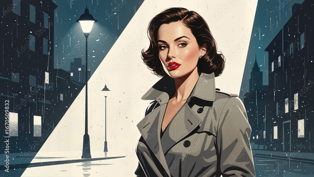 custom made wallpaper toronto digitalRetro woman in coat standing on night street illustration