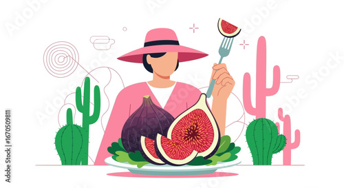 Elegant Woman Enjoys Fig Salad With Cacti In Modern Minimalist Style