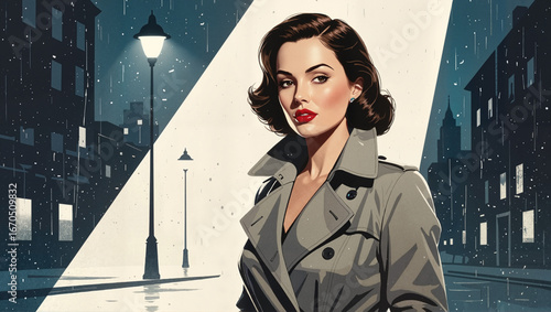 Wallpaper Mural Retro woman in coat standing on night street illustration Torontodigital.ca