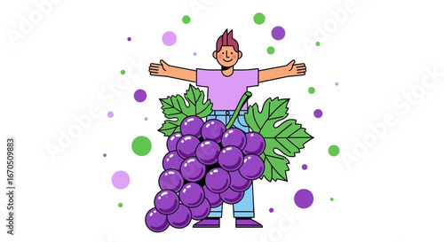 Embracing Nature's Bounty Man Surrounded by Luscious Grapes and Playful Dots