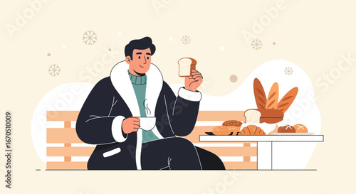 Enjoying Bread And Coffee On A Snowy Day Outdoors With Fresh Pastries