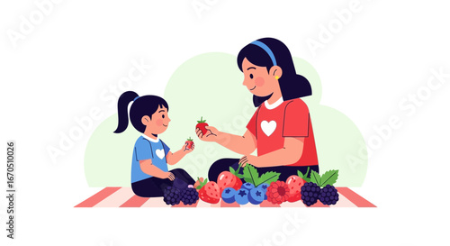 Enjoying Fresh Berries Together A Mom and Daughter Having Fun Outdoors