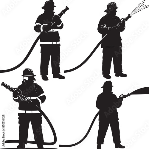 Firefighters in protective gear holding fire hoses