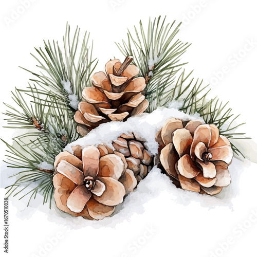 watercolor of Pine Cones On Snow, vector, isolated on a white background.