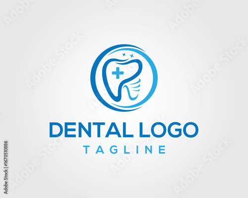 Modern dental logo design with tooth icon and plus sign vector template
