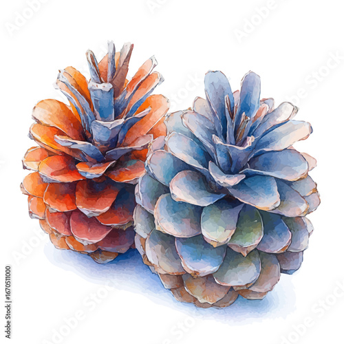Pinecones, watercolor illustration vector, isolated on a white background.
