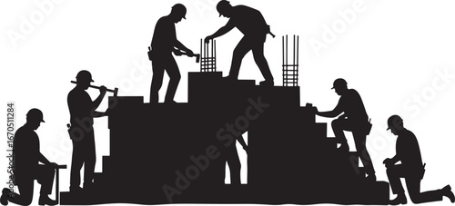 Construction workers in a team building a foundation