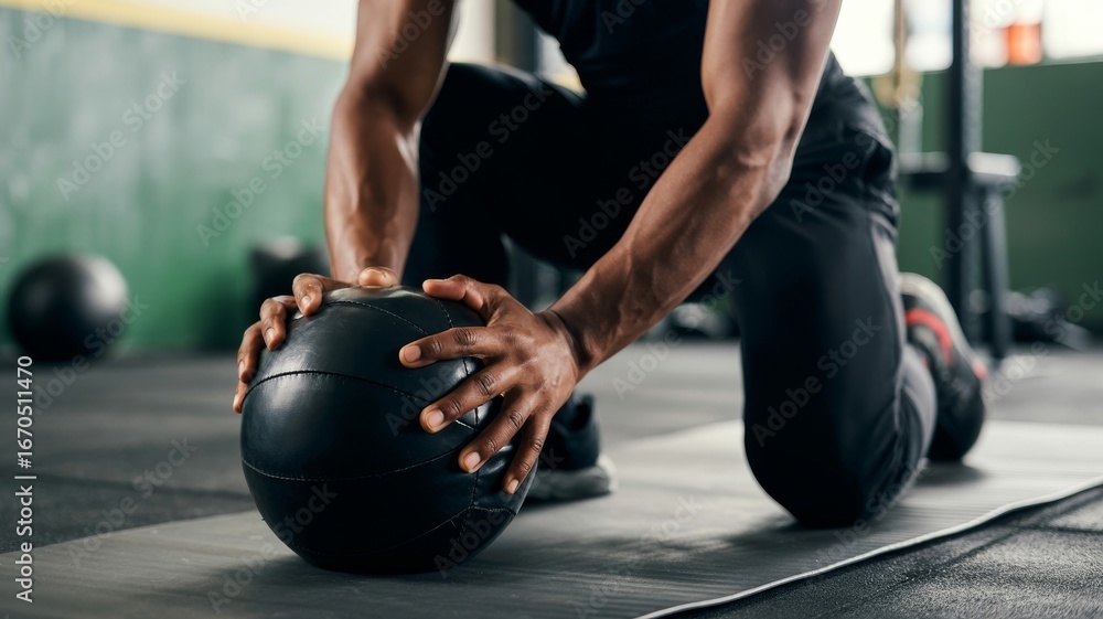 Fototapeta premium A person performs a workout with a black medicine ball, focusing on strength training in a gym environment.