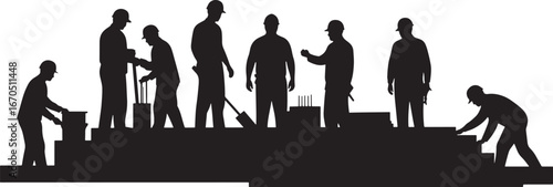 Construction workers building a wall together