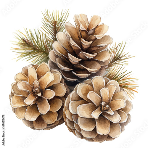 Pinecones, watercolor vector, isolated on a white background.