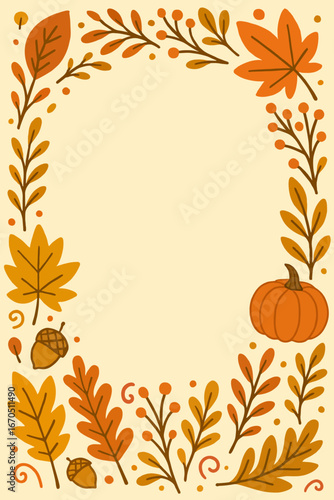 Autumn frame with leaves, pumpkins, thanksgiving day on light background