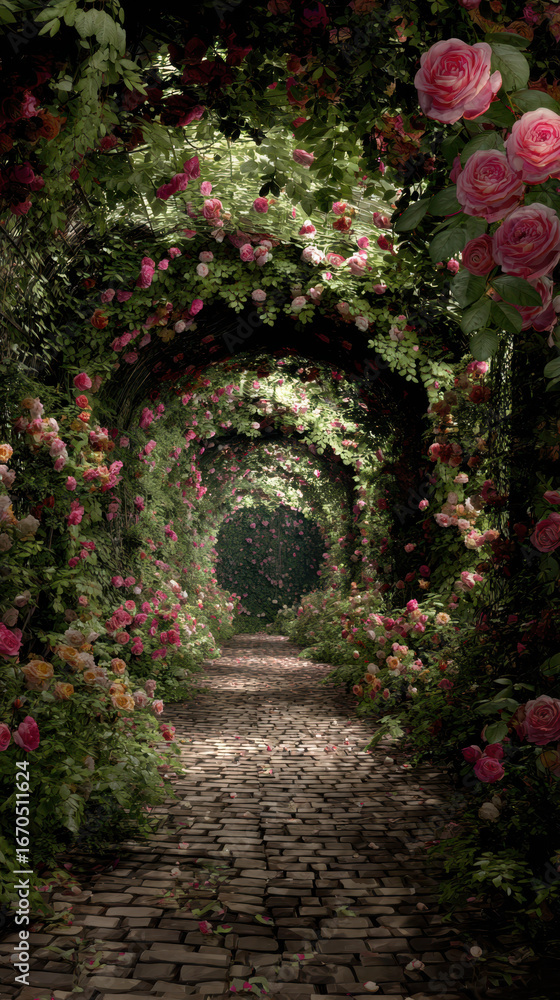 Obraz premium Enchanting rose garden pathway serene nature photography vibrant floral environment captivating perspective