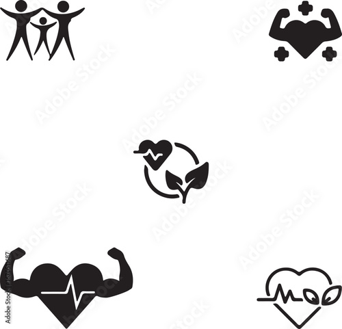 Collection of health and fitness icons representing wellness community and strength