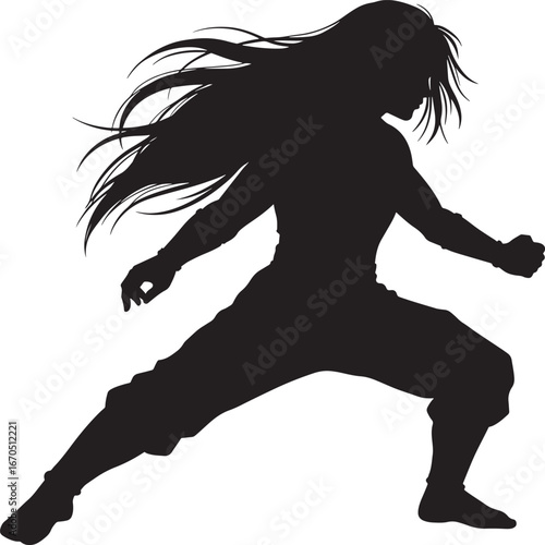 Dynamic male martial artist with long hair in a fighting stance