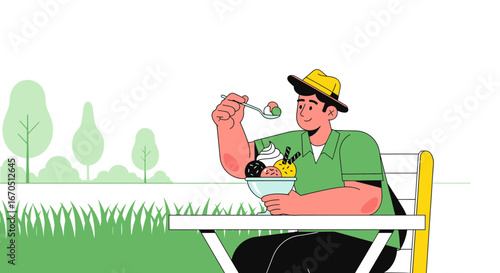 Enjoying Ice Cream Outdoors A Young Man Sits With Sundae Delight