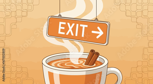 Escape the Ordinary: Aromatic Tea and Exit Sign in Unique Conceptual Illustration