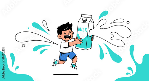 Excited Boy Running With Milk Cartoon Drawing Isolated On White Backdrop