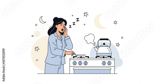 Exhausted Woman Preparing Early Morning Breakfast At Home On A Stove