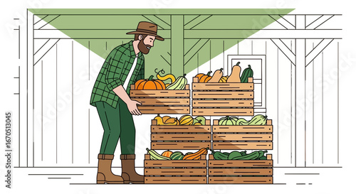 Harvest Bounty Farmer Stacking Wooden Crates Filled With Autumn Vegetables