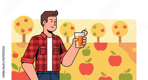 Farmer Celebrating Apple Harvest Season With A Glass Of Fresh Juice