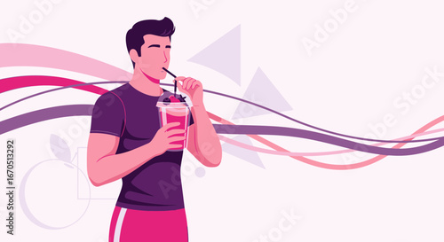 Healthy Lifestyle Concept With Cartoon Man Drinking Fresh Fruit Smoothie