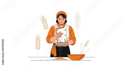 Female Chef Preparing Grain Ingredient For Fresh Bread Making Process