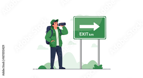 Hiker Hydrating Near Exit Direction Sign On White Background Illustration