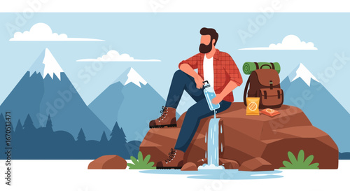Hiker Resting On A Mountain Top Refreshing With Water Enjoying Nature View