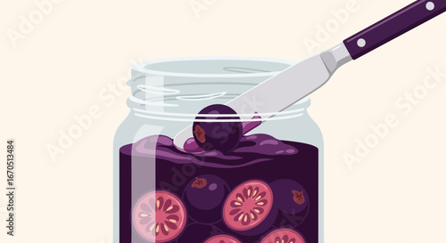 Homemade Blackcurrant Jam Preparing With Knife In A Glass Jar Concept