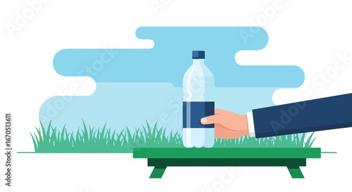 Hydration Time Businessman Holding Water Bottle On Picnic Bench