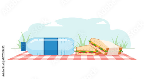 Illustration Of A Picnic Scene With Sandwiches And Water Bottle Lying On Blanket
