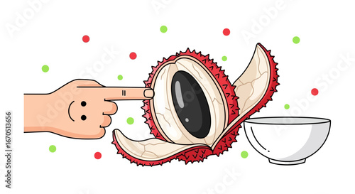 Fresh And Sweet Lychee Fruit Illustration With Pointing Hand Character