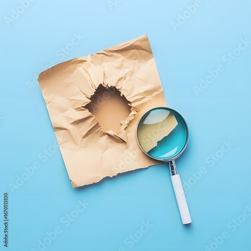Magnifying Glass and Torn Paper Hole Mystery Investigation Concept