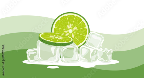 Fresh Lime Slices And Chilled Ice Cubes On A Refreshing Green Background