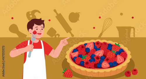Joyful Baker Presents Fresh Berry Pie For Dessert Preparation Concept