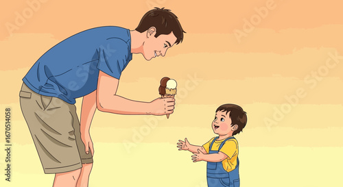 Joyful Father Giving Ice Cream to His Son Generational Connection Summer Treat