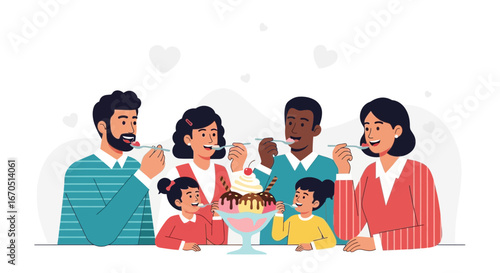 Joyful Family Enjoys a Delicious Sundae Together In Loving Harmony Cartoon