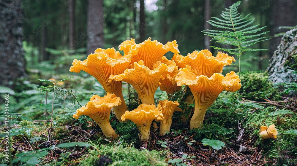 Cluster of golden chanterelle mushrooms growing on mossy forest ground with green plants and ferns Cluster of golden chanterelle mushrooms growing on mossy forest ground with green plants and ferns