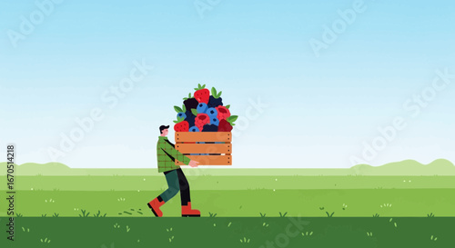 Fruitful Endeavor Farmer Carrying Freshly Picked Berries in a Crate