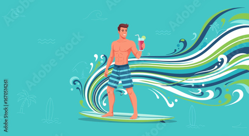 Joyful Surfing Vacation Man Holding Refreshing Drink in Tropical Paradise Vector