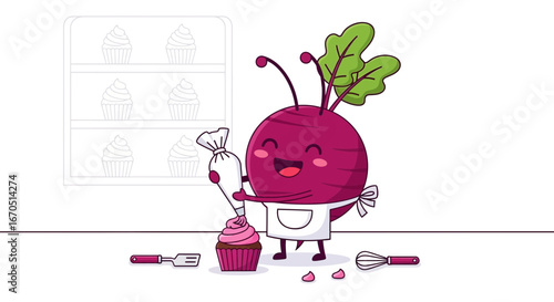 Funny Beetroot In Apron Decorates Cupcake With Cream Pastry Vector Cartoon