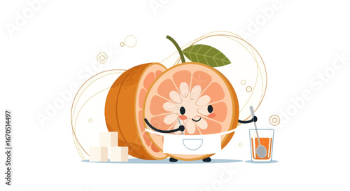 Funny Grapefruit Character Mixing Juice With Sugar For a Sweet Drink