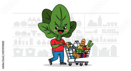 Funny Spinach Character Pushing Grocery Cart Full of Fresh Food at Supermarket
