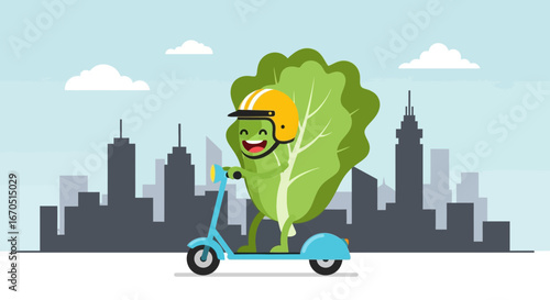 Lettuce Character Riding Scooter Through City Fresh Food Delivery Concept