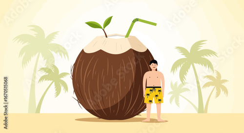 Giant Coconut Drink On The Beach With A Man Summer Holiday Vacation