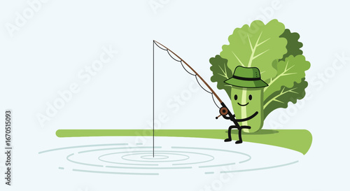 Lettuce Fisherman, Funny Vegetable Character Fishing On The Lake Illustration
