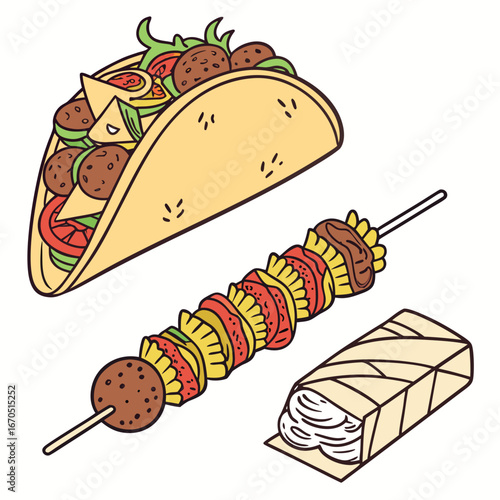 Illustration of a taco, kebab, and wrap