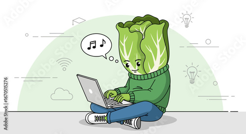 Lettuce Headed Character Working On Laptop Finds Inspiration in Music