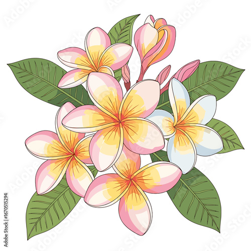 A vibrant illustration of a cluster of pink and white Plumeria flowers, with lush green leaves.