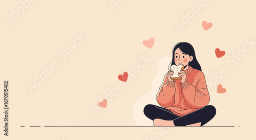 Girl Enjoying A Sandwich Surrounded By Hearts During A Cozy Moment